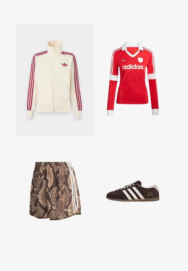 Krēmkrāsas rāvējslēdzēja sporta jaka ar sarkanu trīs svītru dizainu uz piedurknēm un sarkanu Adidas trefoil logotipu uz krūtīm.; Sarkana futbola krekls ar garajām piedurknēm, baltiem kraukļiem un aprocēm. Uz pleciem redzamas trīs baltas svītras un uzsvērta "adidas" logo.; Brūnas un bēšs īss izstrādājums ar čūskas rakstu, elastīgu jostas daļu un trim baltām vertikālām svītrām sānos.; Brūnas zamšādas sporta kurpes ar trim baltām svītrām, gumijas zolī, un zelta krāsas tekstu "Gazelle" uz etiķetes. Mežģīņu aizdare ar pelēkām šņorēm.