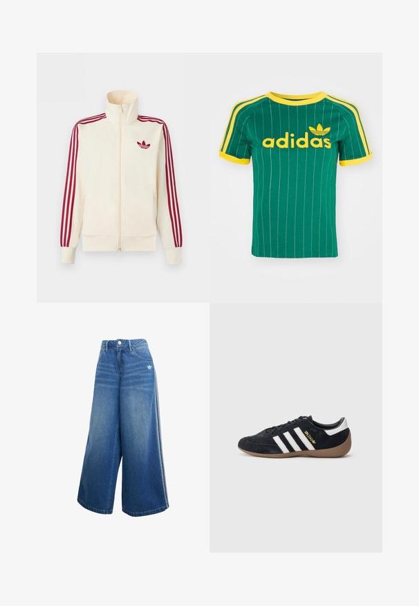 Kreemikas tõmblukuga spordijakk, millel on punased kolmerealised triibud varrukatel ja punane Adidas trefoil logo rinnal.; Roheline puuvillane T-särk vertikaalsete valgete triipudega, kollaste detailidega ja „adidas“ logo kollases kirjas. Lühikesed varrukad ja ümmargune kaelus.; Hallid jalgadega teksapüksid keskmises sinises värvuses, millel on kõrge vöökoht, peened õmblused ja väike valge logo ees.; Mustast seemisest vabaajajalats, millel on kolm valget triipu, kummisest tallast ja küljele kinnitatud väike kuldne logo. Siseküljel on sile must vooder.