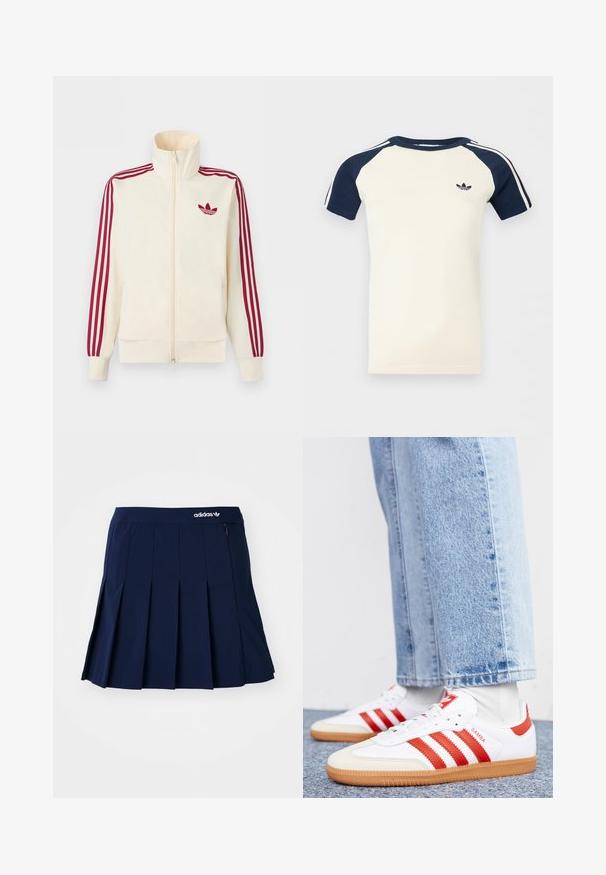 Roomkleurig trainingsjack met ritssluiting, rode drie-strepen op de mouwen en een rood Adidas trefoil-logo op de borst.; Korte mouwen crème overhemd met marineblauwe raglanmouwen, witte strepen op de mouwen en een klein zwart Adidas-logo op de borst.; Marineblauwe plooienrok van lichtgewicht stof; heeft een elastische tailleband en een klein zipvak, met een wit Adidas-logo op de voorkant.; Witte leren sneakers met rode strepen en accenten. Voorzien van een getextureerde gumrubberen outsole en een gevoerde kraag. Draag ze met lichtblauwe denim.
