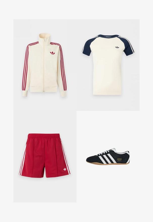 Krémová bežecká bunda na zips s červenými tromi pruhmi na rukávoch a červeným logom Adidas trefoil na hrudi.; Krémová košeľa s krátkym rukávom a námorníckomodrými raglánovými rukávmi, biele pruhy na rukávoch a malým čiernym logom Adidas na hrudi.; Červené atletické šortky s elastickým pásom, bielymi bočnými pruhmi, vreckami so zipsom a malým bielym logom Adidas na prednej ľavej nohe.; Čierne semišové tenisky s bielymi tromi pruhmi, zlatým logom a hnedou gumovou podrážkou. Disponujú nízkym šnurovacím dizajnom.