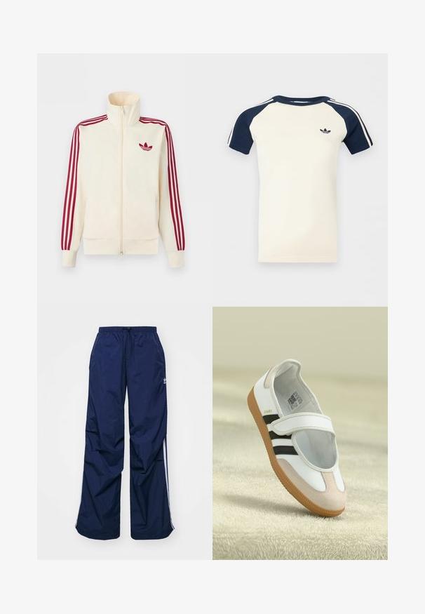 Krémová bežecká bunda na zips s červenými tromi pruhmi na rukávoch a červeným logom Adidas trefoil na hrudi.; Krémová košeľa s krátkym rukávom a námorníckomodrými raglánovými rukávmi, biele pruhy na rukávoch a malým čiernym logom Adidas na hrudi.; Tmavomodré, ľahké nohavice s elastickým pásom a sťahovacou šnúrkou, so svetlými bočnými pásmi a malým logom na prednej strane. Strih voľného strihu.; Biele topánky s ružovým semišovým špičkou, čiernymi pruhmi a suchým zipsom. Majú hnedú gumovú podrážku a logo po boku.