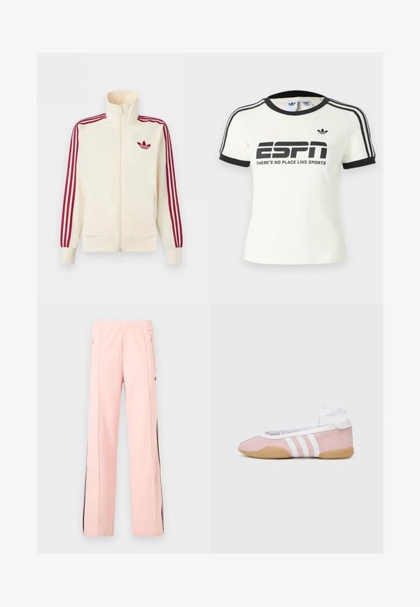 Krémová bežecká bunda na zips s červenými tromi pruhmi na rukávoch a červeným logom Adidas trefoil na hrudi.; Biele tričko s krátkym rukávom s čiernymi prvkami, s nápisom "ESPN" a sloganom "THERE'S NO PLACE LIKE SPORTS", a tromi čiernymi pruhmi na ramenách.; Svetloružové teplákové nohavice s čiernymi bočnými pruhmi, vreckami na zips a elastickým pásom, zobrazené na bielom pozadí.; adidas Originals TAEKWONDO MEI BALLET - Tenisky - clear pink/ftwr white/gum