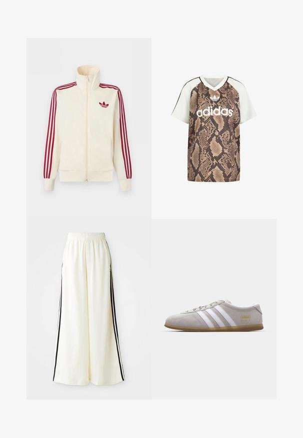 Kremfarvet lynlås-træningsjakke med rødt tre-stribe-detalje på ærmerne og rødt Adidas trefoil-logo på brystet.; Adidas kortærmet V-hals shirt med hvide ærmer og brun slangeprint krop, med hvid Adidas-logo og trefoil-emblem foran.; Hvide løse bukser med elastisk talje og sorte lodrette striber langs yderseams.; Grå suedestøvle med hvide læderstriber og guldlogo-detalje. Flad gummisål, rund tå og klassisk snølukkedesign.