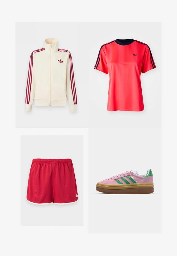Kremfarvet lynlås-træningsjakke med rødt tre-stribe-detalje på ærmerne og rødt Adidas trefoil-logo på brystet.; Rød sports t-shirt med korte ærmer, der har lodrette striber, en marineblå rund hals og et lille sort logo på forsiden.; Røde atletikshorts i mesh med elastisk talje, hvid kant langs kanten og et lille hvidt Adidas-logo nederst til højre.; Lyserøde ruskindsneakers med grønne striber, hvide accenter og en brun gummisål. Har tekstureret stof og logodetaljer på siden.