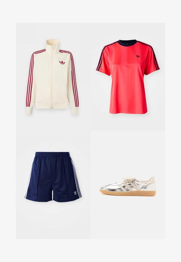 Kreemikas tõmblukuga spordijakk, millel on punased kolmerealised triibud varrukatel ja punane Adidas trefoil logo rinnal.; Punane sportlik t-särk lühikeste varrukatega, millel on vertikaalsed triibud, tumesinine ümmargune kaelus ja väike must logo ees.; Tumesinised sportlikud lühikesed püksid kerge materjaliga, valgete külgtriipude ja vasakul alakulgel tikitud logoga. Elastne vöökoht.; Madala otsaga toss, millel on läikiv hõbedane pealsest materjal, beeži värvi kolm triipu, valged paelad ja pruun kummist tald, näidatud küljelt valgel taustal.