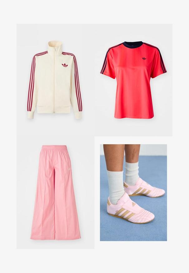 Chaqueta deportiva crema con cremallera y detalle de tres rayas rojas en las mangas, junto con el logo trefoil de Adidas en rojo en el pecho.; Camiseta deportiva roja de manga corta, con rayas verticales, cuello redondo color marino y un pequeño logo negro en la parte frontal.; Pantalones de pierna ancha en color rosa, hechos de un tejido ligero, con una cintura elástica y sutiles rayas blancas en los laterales. Pequeño logotipo en la parte delantera.; Zapatillas deportivas rosas con acentos dorados, parte delantera texturizada y diseño de tres rayas. Llevadas con calcetines blancos con canalé. Suela plana de goma.