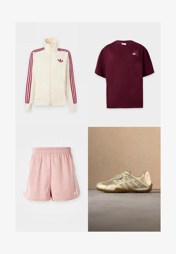 Kremfarvet lynlås-træningsjakke med rødt tre-stribe-detalje på ærmerne og rødt Adidas trefoil-logo på brystet.; Mørkerød T-shirt med korte ærmer, rund hals og lille hvid Adidas-logo med blomsterbroderi på venstre bryst.; Lyserøde atletiske shorts med elastisk talje, hvid stribe detaljering på siden og et lille logo på den nederste venstre forside. Glat stofstruktur.; Guld-farvet sneaker med beige snørebånd svæver over tekstureret beige tæppe, med et træbord og bøger i en sløret baggrund.
