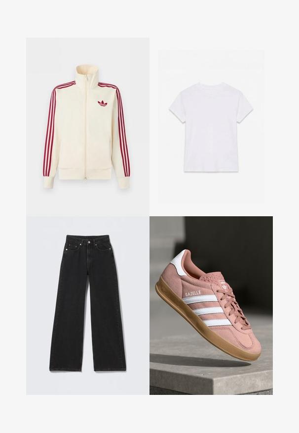 Cremefarbener Trainingsjacke mit Reißverschluss, mit roten Drei-Streifen-Details an den Ärmeln und rotem Adidas-Trefoil-Logo auf der Brust.; Schlichtes weißes kurzärmliges Baumwoll-T-Shirt mit Rundhalsausschnitt, flach auf einem weißen Hintergrund liegend.; Schwarze High-Waist-Weitbein-Jeans mit vorderer Knopf- und Reißverschluss, Gürtelschlaufen und fünf Vordertaschen auf hellem Hintergrund.; Rosa Wildleder-Sneaker mit weißen Streifen, Gummisohle, strukturiertem Obermaterial und Logo auf der Zunge. Klassisches Low-Top-Design.