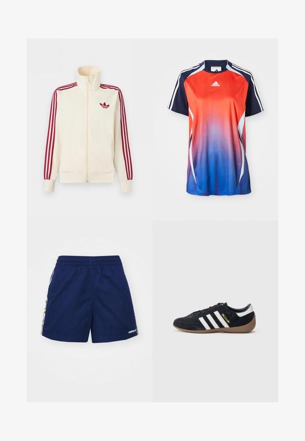 Krémová bežecká bunda na zips s červenými tromi pruhmi na rukávoch a červeným logom Adidas trefoil na hrudi.; Adidas športová košeľa s krátkym rukávom s gradientom od červenej po modrú, s námorníckymi akcentmi a bielymi pruhmi pozdĺž ramien.; Námornícke šortky s elastickým pásom, na stranách s farebnými kvetinovými pruhmi a malým bielym logom na spodnom leme.; Čierna semišová teniska s tromi bielymi pruhmi, gumovou podrážkou a malým zlatým logom na boku. Má hladkú čiernu vnútornú podšívku.