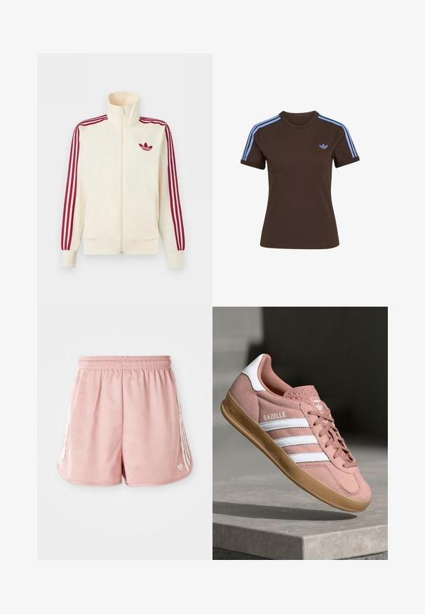 Kremfarvet lynlås-træningsjakke med rødt tre-stribe-detalje på ærmerne og rødt Adidas trefoil-logo på brystet.; Brun T-shirt med korte ærmer med lyseblå tre striber på skuldrene og lille lyseblåt Adidas-logo på venstre bryst.; Lyserøde atletiske shorts med elastisk talje, hvid stribe detaljering på siden og et lille logo på den nederste venstre forside. Glat stofstruktur.; Rosa ruskinds sneaker med hvide striber, gummisål, tekstureret overdel og logo på tungen. Klassisk low-top design.