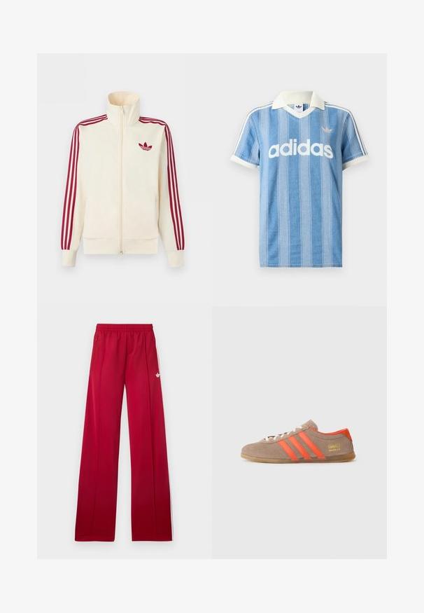 Chaqueta deportiva crema con cremallera y detalle de tres rayas rojas en las mangas, junto con el logo trefoil de Adidas en rojo en el pecho.; Polo de manga corta azul claro con rayas verticales, detalles en blanco y prominente logo blanco de "adidas" en el frente.; Pantalones deportivos rojos de pierna ancha con cinturilla elástica, bolsillos laterales con cremallera, rayas blancas a los lados y pequeño logo blanco en el muslo izquierdo.; Zapatillas de ante marrón con tres rayas naranjas brillantes, parte frontal con cordones y el logo dorado "Gazelle" en el lateral. Suela de goma plana.