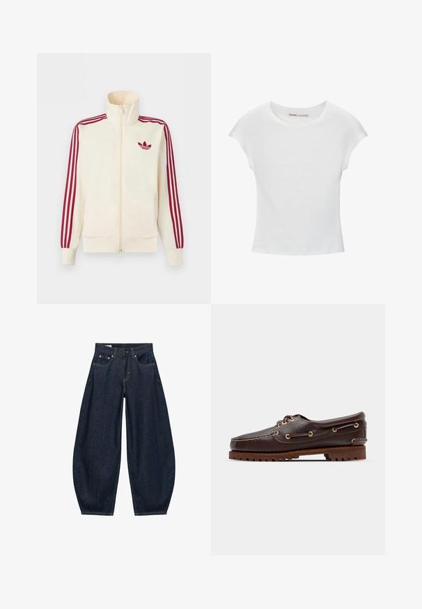 Veste de survêtement à fermeture éclair crème avec détail de trois rayures rouges sur les manches et logo trèfle Adidas rouge sur la poitrine.; T-shirt en coton blanc avec manches courtes retroussées, encolure ronde et ourlet droit. Texture lisse sans motifs ni accents visibles.; Jean en denim bleu foncé à jambes larges avec poches avant, passants de ceinture et fermeture par bouton à la taille.; Bateau en cuir marron avec des œillets dorés, des lacets ronds et une semelle en caoutchouc marron texturée. Présente des détails de couture et un logo en relief.