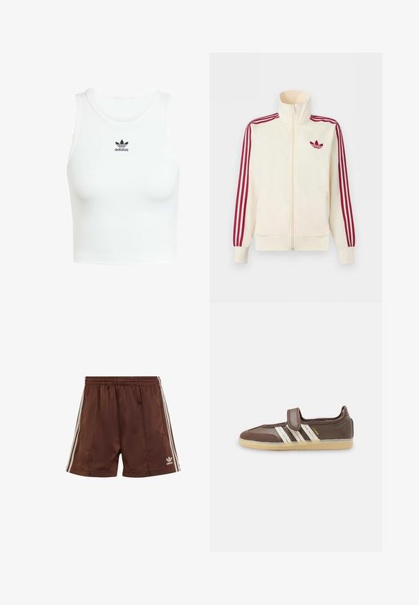 Roomkleurig trainingsjack met ritssluiting, rode drie-strepen op de mouwen en een rood Adidas trefoil-logo op de borst.; Witte katoenen tanktop met een aansluitende ribbelstructuur, ronde halslijn en geborduurd zwart Adidas-logo op de voorkant.; Bruine sportshorts van gladde stof met een relaxte pasvorm, voorzien van witte zijkanten en een geborduurd logo op de linkerbovenrand.; Bruine sneaker met beige rubberen zool, drie witte strepen aan de zijkant en een enkele klittenbandsluiting bovenaan.