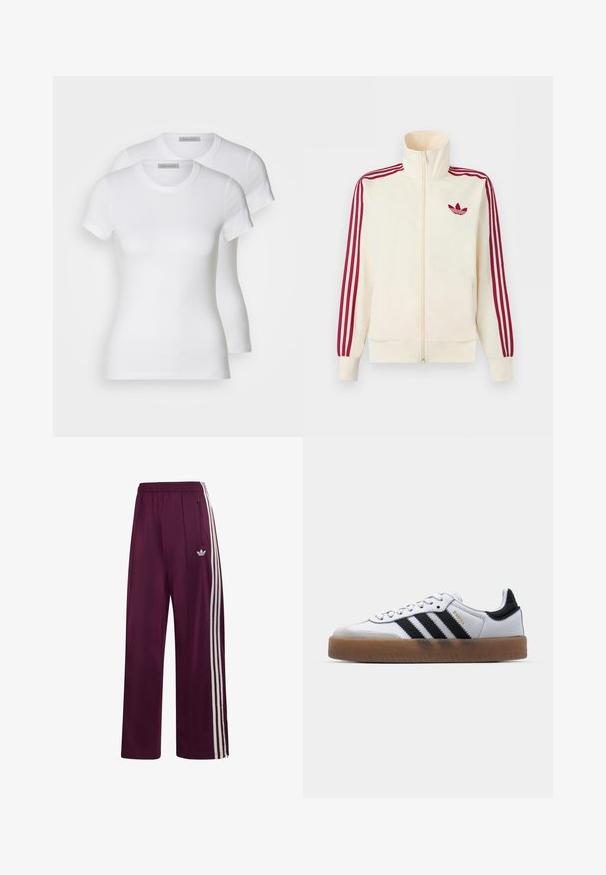 Roomkleurig trainingsjack met ritssluiting, rode drie-strepen op de mouwen en een rood Adidas trefoil-logo op de borst.; Twee witte katoenen t-shirts met korte mouwen, ronde halslijnen en een getailleerd silhouet, met een zachte textuur en minimalistisch ontwerp.; Donkerrode Adidas trainingsbroek met elastische tailleband, drie witte zijstrepen, ritssluitingzak en geborduurd logo op de linker dij.; Witte leren sneakers met zwarte strepen, gumrubberen buitenzool, ronde neus, vetersluiting en een zachte grijze suède neuskap.