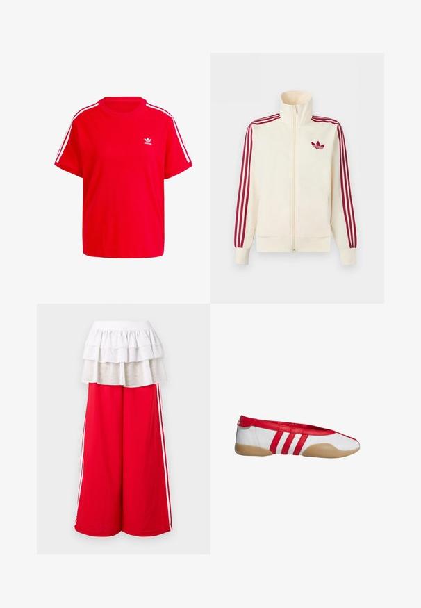 Krémová bežecká bunda na zips s červenými tromi pruhmi na rukávoch a červeným logom Adidas trefoil na hrudi.; Červené bavlnené tričko s okrúhlym výstrihom, krátkymi rukávmi, bielymi trojprúžkovými akcentmi na pleciach a malým bielym logom na hrudi.; Červené nohavice s širokými nohavicami a bielymi pruhmi na bokoch, doplnené viacvrstvovým bielym volánovým prekrytím. Pružný pás pre pohodlie. Mäkká textúra látky.; Červená a biela plochá obuv s okrúhlou špičkou, vyrobená z hladkého syntetického materiálu. Má tri červené pruhy a svetlohnedú gumovú podrážku.