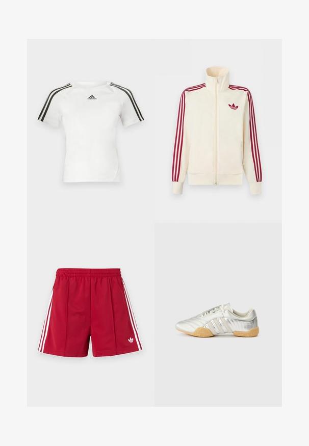 Chaqueta deportiva crema con cremallera y detalle de tres rayas rojas en las mangas, junto con el logo trefoil de Adidas en rojo en el pecho.; Camiseta atlética de manga corta blanca con diseño de tres rayas negras en los hombros, textura suave y un pequeño logo de adidas en negro en el pecho.; Pantalones cortos deportivos rojos con cinturilla elástica, franjas blancas en los lados, bolsillos con cremallera y un pequeño logo blanco de Adidas en la parte frontal de la pierna izquierda.; Zapatilla deportiva plateada con parte superior de cuero suave, suela de goma y detalles texturizados. Presenta un diseño curvado y cordones tonales.