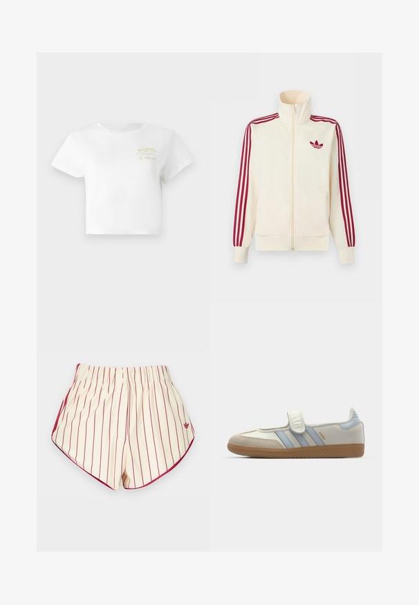Krémová bežecká bunda na zips s červenými tromi pruhmi na rukávoch a červeným logom Adidas trefoil na hrudi.; Biely skrátený tričko vyrobené z bavlny, s jednoduchým žltým grafickým dizajnom, na ktorom je na prednej strane vyšitý nápis "BILLABONG" a "SINCE 1973".; Krémové šortky s vertikálnymi červenými pruhmi, elastickým pásom, dvoma prednými gombíkmi a červeným lemovaním pozdĺž zaoblených lemov.; adidas Originals SAMBA JANE BALLERINA - Balerínky s remienkom okolo členku - cloud white/halo blue