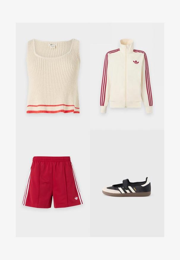 Veste de survêtement à fermeture éclair crème avec détail de trois rayures rouges sur les manches et logo trèfle Adidas rouge sur la poitrine.; Débardeur côtelé de couleur crème avec un col rond et une bande horizontale rouge au bas. Tissu doux et texturé avec une coupe décontractée.; Shorts de sport rouges avec une ceinture élastique, des rayures blanches sur les côtés, des poches zippées et un petit logo Adidas blanc sur la jambe avant gauche.; Baskets noires et beiges avec une bride en velcro, trois bandes blanches sur le côté, et une semelle en caoutchouc marron texturée. Logo de la marque visible.