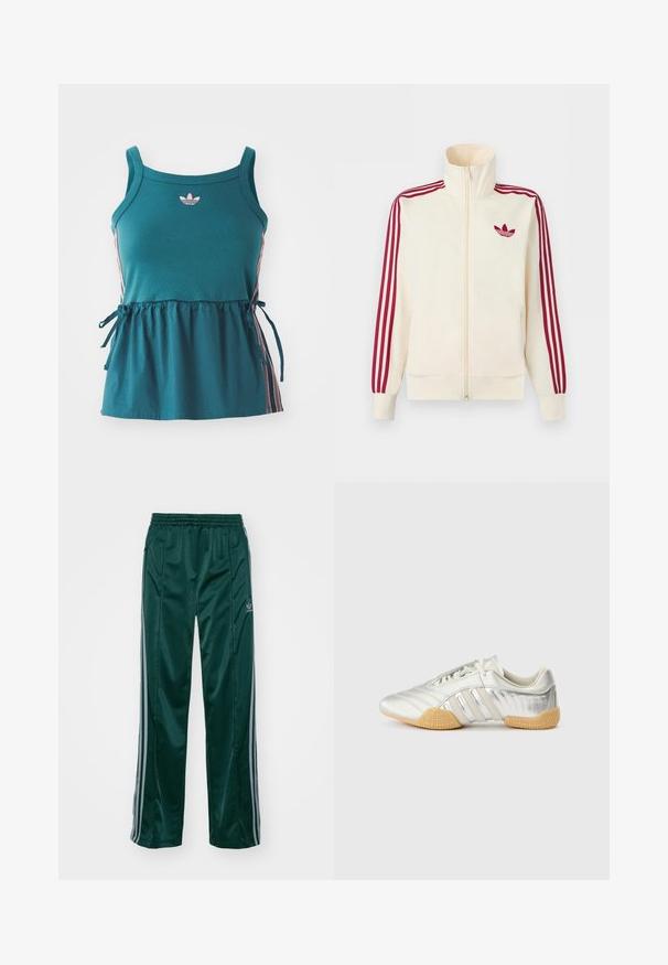 Krémová bežecká bunda na zips s červenými tromi pruhmi na rukávoch a červeným logom Adidas trefoil na hrudi.; Tyrkysový bezrukávový top so zhromaždeným pásom, ružovými bočnými pruhmi a vyšitým logom. Vyrobený z mäkkého materiálu s voľným strihom a viazanými detailmi.; Tmavozelené športové nohavice vyrobené z lesklého materiálu, s bočnými pruhmi v svetlošedej farbe a vyšitým logom na ľavom stehne.; Strieborná športová obuv s hladkým koženým zvrškom, gumovou podrážkou a textúrovanými detailmi. Má zakrivený dizajn a šnúrky v rovnakom odtieni.