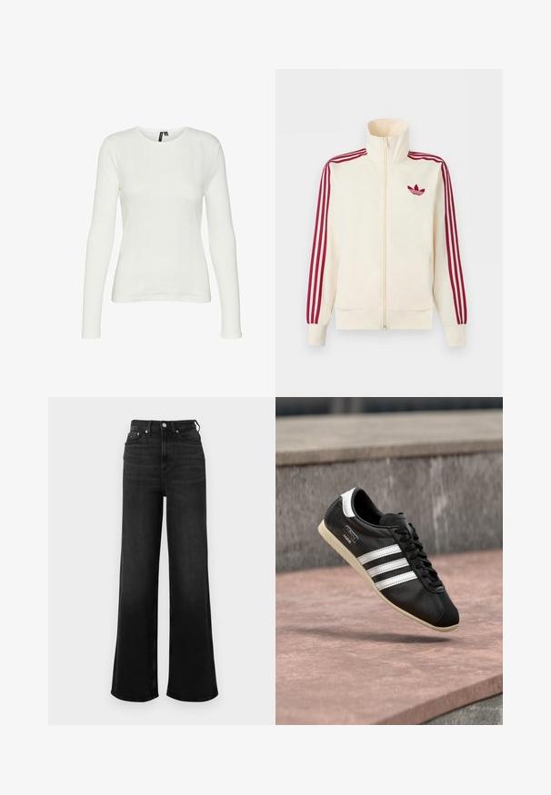 Kremfarvet lynlås-træningsjakke med rødt tre-stribe-detalje på ærmerne og rødt Adidas trefoil-logo på brystet.; Hvid langærmet skjorte med rund halsudskæring. Stoffet har et struktureret mønster med lodrette linjer og ribbede detaljer.; Bukser i sort denim med vide ben og høj talje, med fem lommer og metalbeslag. Glat tekstur og minimal falming.; Sort lædersneaker med hvide striber og sål, snøret, svævende over en rosa betonoverflade med en grå stenvæg i baggrunden.