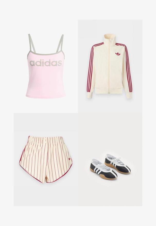 Krémová bežecká bunda na zips s červenými tromi pruhmi na rukávoch a červeným logom Adidas trefoil na hrudi.; Svetloružový tielko s šedým lemovaním a nastaviteľnými tenkými ramienkami, so veľkým, centrálnym šedým logom "adidas". Bavlnený materiál.; Krémové šortky s vertikálnymi červenými pruhmi, elastickým pásom, dvoma prednými gombíkmi a červeným lemovaním pozdĺž zaoblených lemov.; Čierne a biele športové topánky s elegantným dizajnom, gumovou podrážkou, šnurovaním a tromi bielymi prúžkami na bokoch.