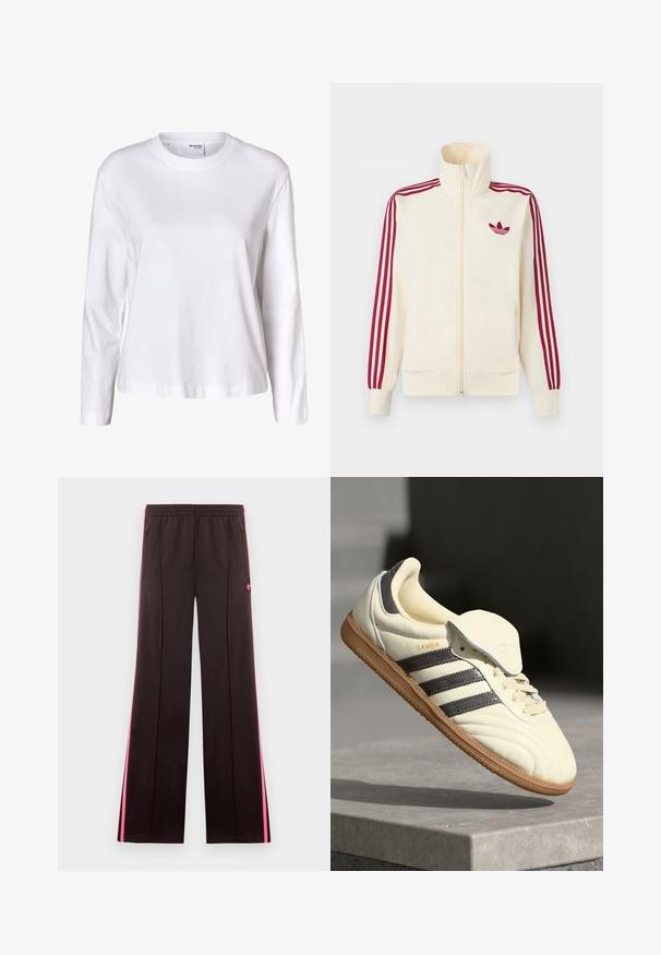 Chaqueta deportiva crema con cremallera y detalle de tres rayas rojas en las mangas, junto con el logo trefoil de Adidas en rojo en el pecho.; Camisa blanca lisa de mujer con mangas largas, cuello redondo, bajo recto y sin patrones ni logos visibles.; Pantalones deportivos negros con franjas laterales rosas, cintura elástica, bolsillos con cremallera y logo de Adidas en el muslo izquierdo.; Zapatilla de cuero crema con tres rayas oscuras, suela de goma marrón y punta redondeada. Cuenta con una lengüeta plegable etiquetada como "SAMBA".