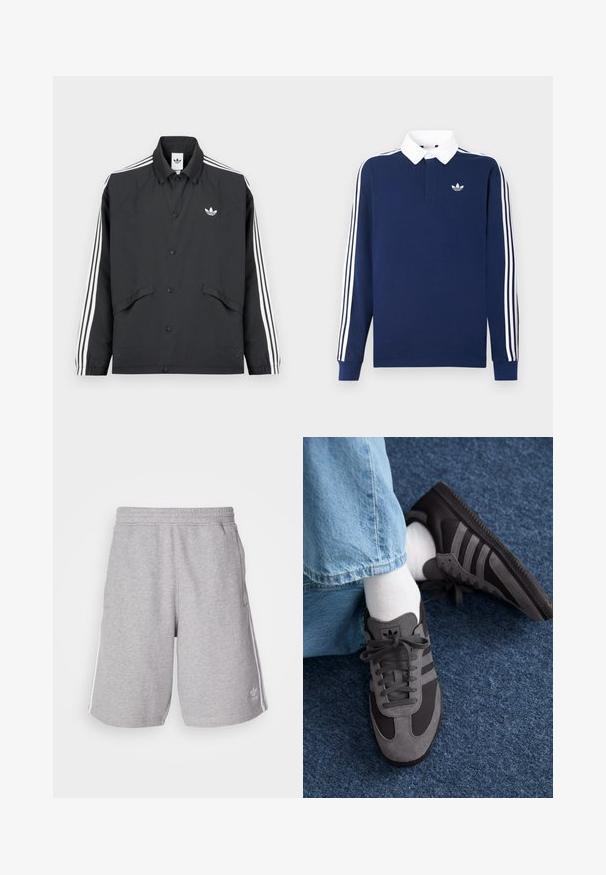 Zwarte sportjas met knoopsluiting, wit ontwerp met drie strepen op de mouwen en een klein wit logo op de borst. Gestructureerde stof.; Marineblauw poloshirt met lange mouwen, katoenen stof, witte kraag, met klassieke drie witte strepen langs de mouwen en een klein logo op de borst.; Grijze sportshorts van katoenmix stof. Voorzien van zijzakken, een elastische tailleband en witte zijstrepen. Klassiek ontwerp.; adidas Originals SAMBA OG - Sneakers laag - core black/grey six