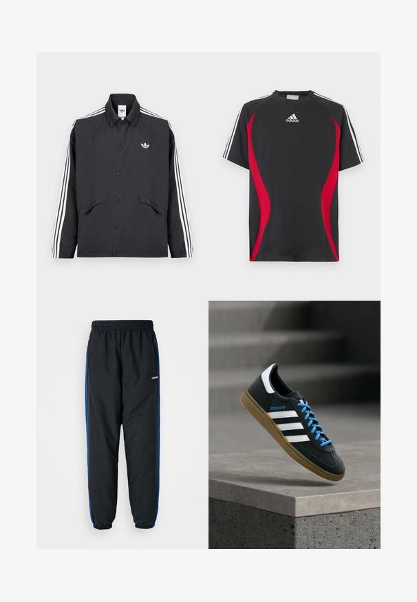 Sort sportsjakke med knaplukning, hvidt trestribet design på ærmerne og et lille hvidt logo på brystet. Tekstureret stof.; Sort kortærmet T-shirt med røde sideakcenter, hvid Adidas-logo på brystet og hvide skulderstriber. Fremstillet af et glat stof.; Sorte atletiske bukser med elastisk talje, blå sideløb, lynlåslommer og tætsiddende benafslutninger for en stram pasform. Lavet af let materiale.; Sort Adidas sneaker med hvide striber, blå snørebånd og gummisål, der svæver over gråt betontrin i blødt lys.