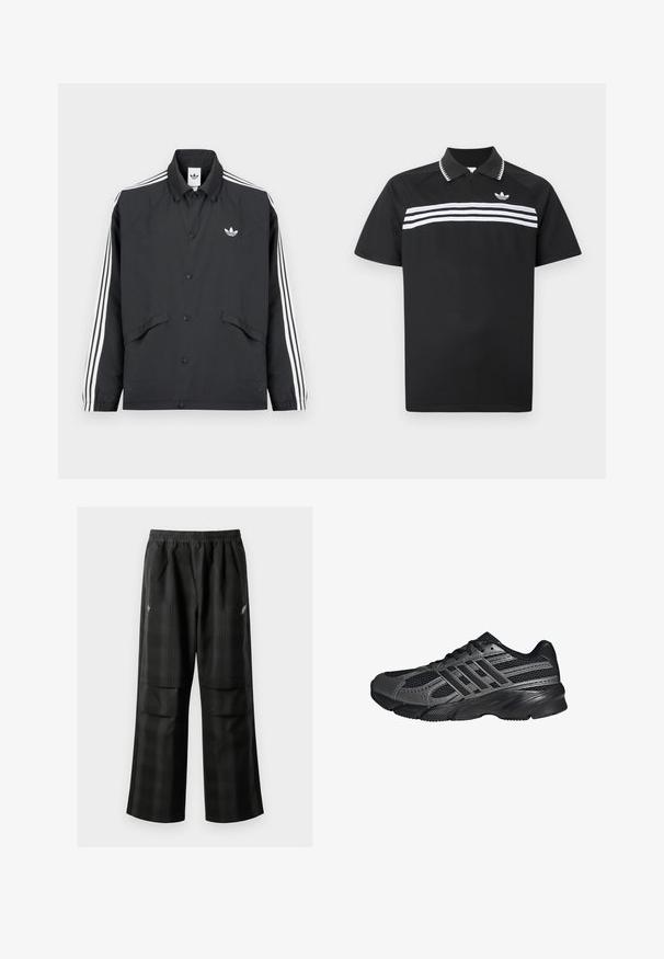 Sort sportsjakke med knaplukning, hvidt trestribet design på ærmerne og et lille hvidt logo på brystet. Tekstureret stof.; Sort polo med lynlåskrage, der har tre hvide horisontale striber tværs over brystet og et lille logo øverst til venstre.; Sorte ternede bukser med elastisk talje, to forlommer og en løs pasform med lige ben. Fremstillet af letvægtsmateriale.; Sorte træningssko lavet af mesh og syntetiske materialer, med en tekstureret overflade, flere grå striber og en polstret krave.