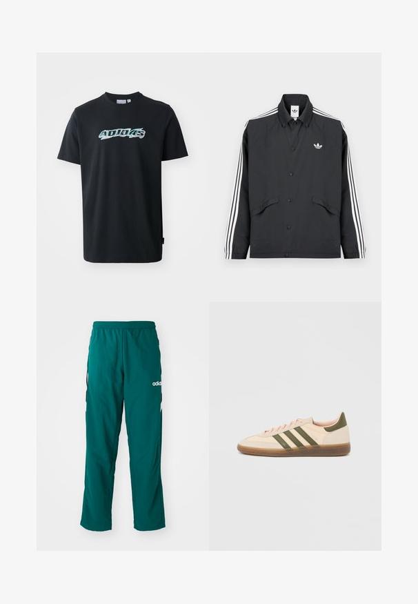 Schwarze Sportjacke mit Knopfverschluss, weißem Drei-Streifen-Design an den Ärmeln und kleinem weißem Logo auf der Brust. Strukturierter Stoff.; Schwarzes Baumwoll-T-Shirt mit kurzen Ärmeln, das auf der Vorderseite ein glänzendes, mehrfarbiges "ADIDAS"-Logo zeigt. Klassisches Rundhalsausschnitt-Design.; Grüne Sporthose aus leichtem Material, mit elastischem Bund, seitlichen Taschen und weißem Adidas-Logo auf der linken Seite.; Flacher, beigefarbener Adidas Spezial Sneaker mit grünen Streifen, Gummisohle und "SPEZIAL" Schriftzug an der Seite, von der Außenseite gezeigt.