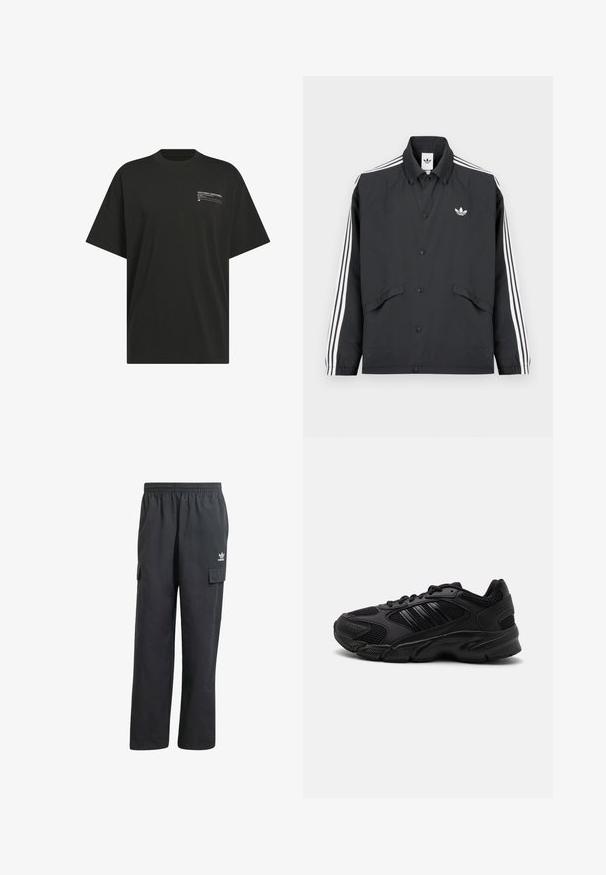 Schwarze Sportjacke mit Knopfverschluss, weißem Drei-Streifen-Design an den Ärmeln und kleinem weißem Logo auf der Brust. Strukturierter Stoff.; Schwarzes T-Shirt mit kurzen Ärmeln aus Baumwolle. Verfügt über einen kleinen weißen Grafikdruck auf der linken Brustseite. Klassisches, gerade geschnittenes Design.; Schwarze Cargo-Hosen mit einem elastischen Bund, zwei Seitentaschen und einem dezenten Logo auf dem linken Oberschenkel. Hergestellt aus einem leichten Stoff.; Schwarze Sportschuhe mit einer Kombination aus atmungsaktivem Mesh und synthetischen Materialien. Auffällige strukturierte Sohle und drei schwarze Streifen an der Seite.