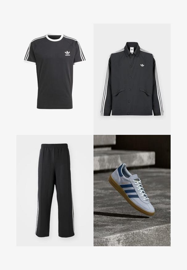 Chaqueta deportiva negra con cierre de botones, diseño de tres rayas blancas en las mangas y un pequeño logo blanco en el pecho. Tejido texturizado.; Camiseta negra con cuello y ribetes de las mangas en blanco, que presenta tres franjas horizontales blancas en cada hombro y un pequeño logo de Adidas en blanco.; Pantalones de chándal negros con cintura elástica, con franjas laterales blancas y un corte relajado. Hechos de una tela suave y elástica.; Zapatilla Adidas Spezial azul claro con rayas azul marino y suela de goma, mostrada en el aire sobre escalones de hormigón en un entorno exterior neutral.
