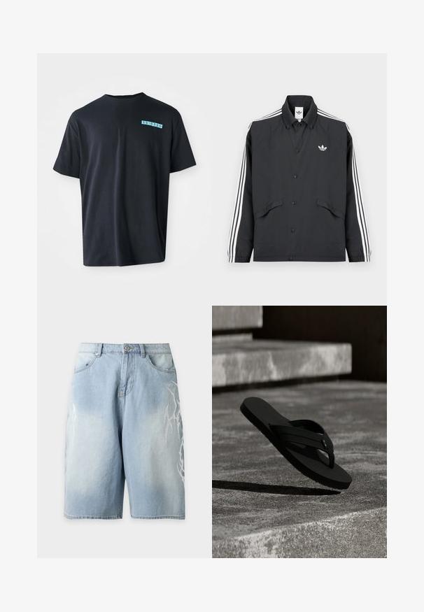 Schwarze Sportjacke mit Knopfverschluss, weißem Drei-Streifen-Design an den Ärmeln und kleinem weißem Logo auf der Brust. Strukturierter Stoff.; Schwarzes Baumwoll-T-Shirt mit kurzen Ärmeln, Rundhalsausschnitt und einem türkisfarbenen grafischen Logo auf der linken Brust. Glatte Textur, lässige Passform.; Hellblaue Denim-Shorts mit lockerem Schnitt, Vordertaschen, Gürtelschlaufen und weißen Flammenmuster-Details auf beiden Seiten.; Schwarze Flip-Flop-Sandale schwebt über strukturierten Betontreppen und wirft im natürlichen Licht einen Schatten auf den Boden.