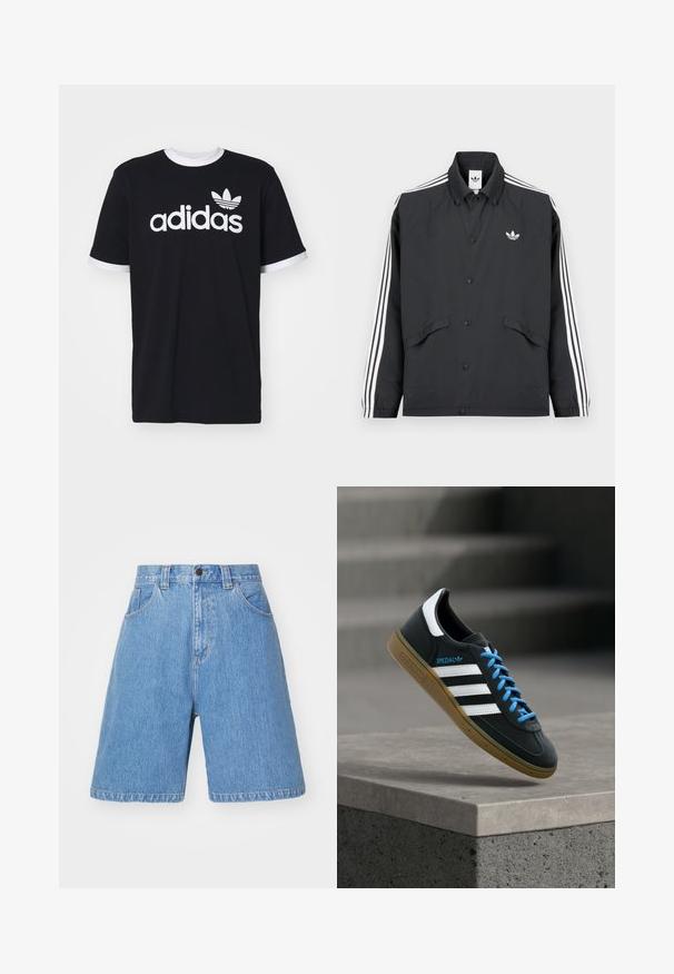 Sort sportsjakke med knaplukning, hvidt trestribet design på ærmerne og et lille hvidt logo på brystet. Tekstureret stof.; Sort bomulds T-shirt med hvid rund halsudskæring og ærmekanter. Har stort hvidt "adidas" logo og trefoil emblem på fronten.; Lyseblå denim shorts med løs pasform, høj talje, fem lommer og subtil falmning. Med knaplukning og bæltestropper.; Sort Adidas sneaker med hvide striber, blå snørebånd og gummisål, der svæver over gråt betontrin i blødt lys.