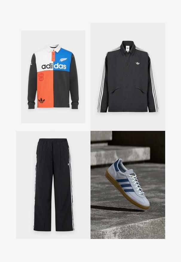 Zwarte sportjas met knoopsluiting, wit ontwerp met drie strepen op de mouwen en een klein wit logo op de borst. Gestructureerde stof.; Kleurgeblokte lange mouwen polo shirt in zwart, wit, oranje en blauw, met een kraag, knoopsluiting en opvallende Adidas branding.; Zwarte wijde broekspijpen met witte zijstrepen, elastische tailleband, plooien aan de voorkant en het Adidas-logo op de rechterdij.; Lichtblauwe Adidas Spezial sneaker met marineblauwe strepen en rubberen zool, getoond in de lucht boven betonnen trappen in een neutrale buitenomgeving.