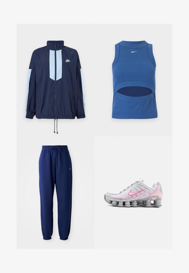 Tumesinise tuulejope helebeežide aktsentidega, kõrge kraega, täispika taljega ja elastsete mansettidega. Nike logo rinnal.; Sinine varrukateta Nike lühike top kõrge kaelusega ja kõhu lõikega, soonikkoega, valge Swooshi logoga ees keskel.; Tumesinine dressipluus, mis on valmistatud pehmest kangast, elastse vöökoha ja nööriga, elastsete mansettide ning väikese valge logoga.; Nike spordijalatsid valges ja helesinises. Omaduseks on võrgust ülemine osa ja iseloomulik kõver põhi nähtava õhukottidega.