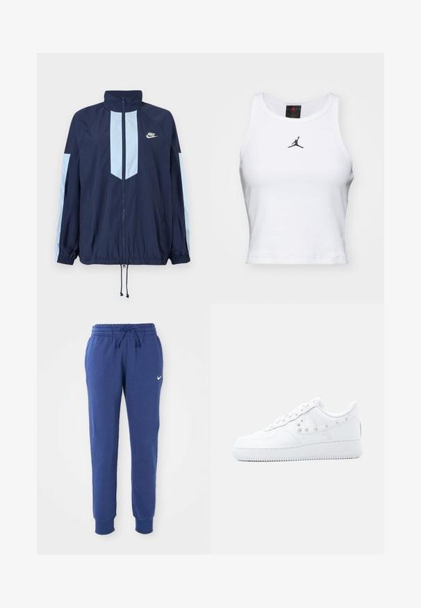 Marineblå vindjakke med lyseblå detaljer, høj krave, fuld frontlynlås og elastiske manchetter. Nike-logo på brystet.; Hvid cropped tanktop lavet af bomuld med ribbet tekstur. Har et sort Jordan-logo i midten og en klassisk rund halsudskæring.; Blå Nike sweatpants med elastisk talje, snøre, afsluttende ankler og hvid Nike swoosh-logo på venstre lår.; Hvid Nike Air Force 1 sneakers med nittebesat Swoosh-detalje og tyk sål, vist mod en ensartet lysegrå baggrund.