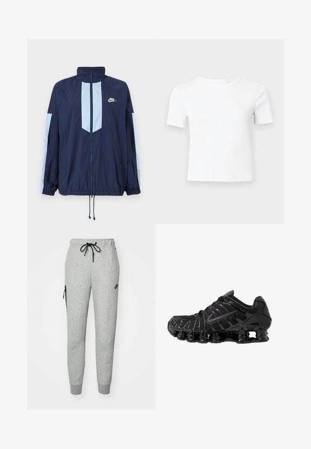 Marineblauwe windbreaker met lichtblauwe accenten, hoge kraag, volledige rits aan de voorkant en elastische manchetten. Nike-logo op de borst.; Wit T-shirt met korte mouwen van geribd materiaal, voorzien van een ronde hals en een aansluitende pasvorm, ideaal voor het dragen in laagjes of casual gebruik.; Grijze sweatpants van zachte stof met een verstelbare tailleband, taps toelopende pijpen en een ritszak aan de linkerkant. Voorzien van een zwart logo.; Zwarte sportieve schoen met mesh-bovenwerk en glanzende overlays. Bevat afgeronde spoelvering en textuur lijnen aan de zijkant. Nike-logo zichtbaar.