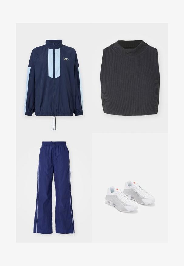 Námornícky vetrovka s svetlomodrými akcentmi, vysokým golierom, úplným predným zipsom a elastickými manžetami. Na hrudi je prítomné logo Nike.; Zkrátený žebrovaný top v tmavej námorníckej modri, s vysokým golierom a diskrétnym logom Nike. Tkanina má textúrovaný, elastický vzhľad.; Námornícky modré, ľahké nohavice s širokými nohavicami, elastickým pásom a šnúrkou, so bielymi bočnými pruhmi a zvrásnenou textúrou.; Biele bežecké topánky so sivými akcentmi, s textúrovaným zvrškom, perforáciami pre ventiláciu a segmentovanou pätou pre odpruženie.