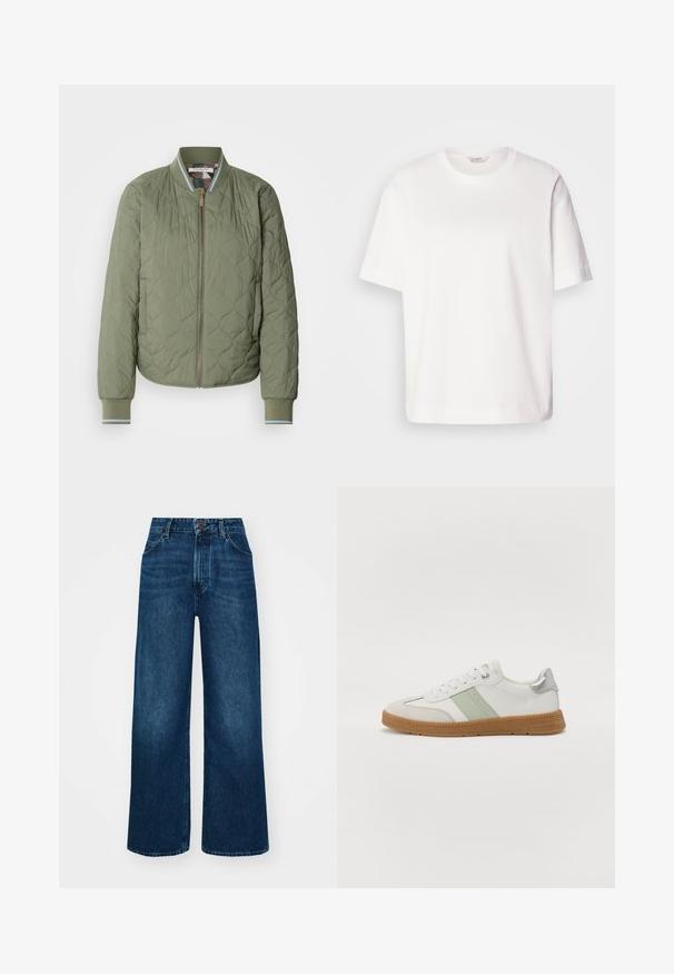 Scotch & Soda REVERSIBLE QUILTED - Bomberjacks - thyme; Witte katoenen t-shirt met korte mouwen, ronde hals, ontspannen pasvorm en een soepele textuur; geen patronen of zichtbare hardware.; Hoge taille, wijde jeans in donkerblauwe denim met een gladde textuur, contraststiksels en een vijf-pocket ontwerp. Sluiting met een knoop aan de voorkant.; TOM TAILOR Sneakers laag - white/mint