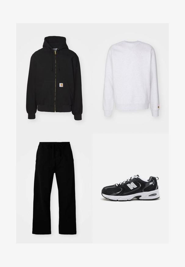 Schwarze Zip-Hoodie aus Baumwollmischung. Mit einem goldenen Reißverschluss, Kordelzugkapuze, Eingrifftasche und einem kleinen Logoetikett auf der Vorderseite.; Helles graues Sweatshirt mit Rundhalsausschnitt, langen Ärmeln, gerippten Bündchen und einem kleinen Logo-Patch nahe dem Saum. Aus weichem Stoff gefertigt.; Schwarze, elastische Hosen mit verstellbarem Kordelzug, weitem Bein und glatter Baumwollstruktur. Keine sichtbaren Muster oder Hardware-Details.; Schwarze und graue Sportschuhe mit Obermaterial aus Mesh und Wildleder, ausgestattet mit einer weißen Zwischensohle, Schnürsenkeln und einem markanten "N"-Logo an der Seite.