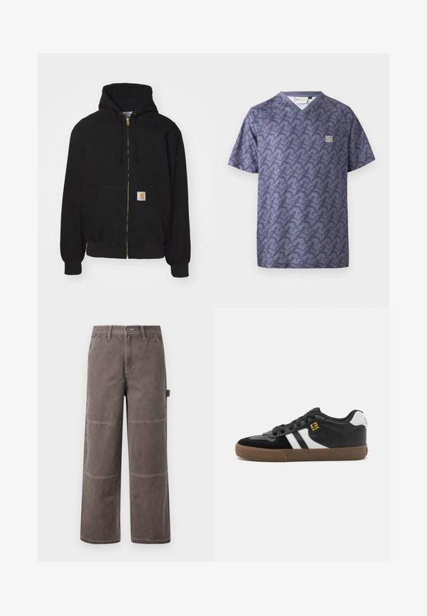 Hoodie zippé noir en mélange de coton. Présente une fermeture éclair dorée, une capuche avec cordon de serrage, une poche kangourou et une petite étiquette logo sur le devant.; Cleptomanicx RELAY - T-shirt imprimé - nightshadow blue; Pantalons larges de couleur marron délavée, fabriqués en tissu durable avec des coutures contrastées. Présente des détails en panneaux et une poche latérale.; Baskets noir et blanc avec une tige en daim et en cuir, présentant des rayures blanches, des lacets noirs et une semelle en caoutchouc marron. Accents de logo dorés.