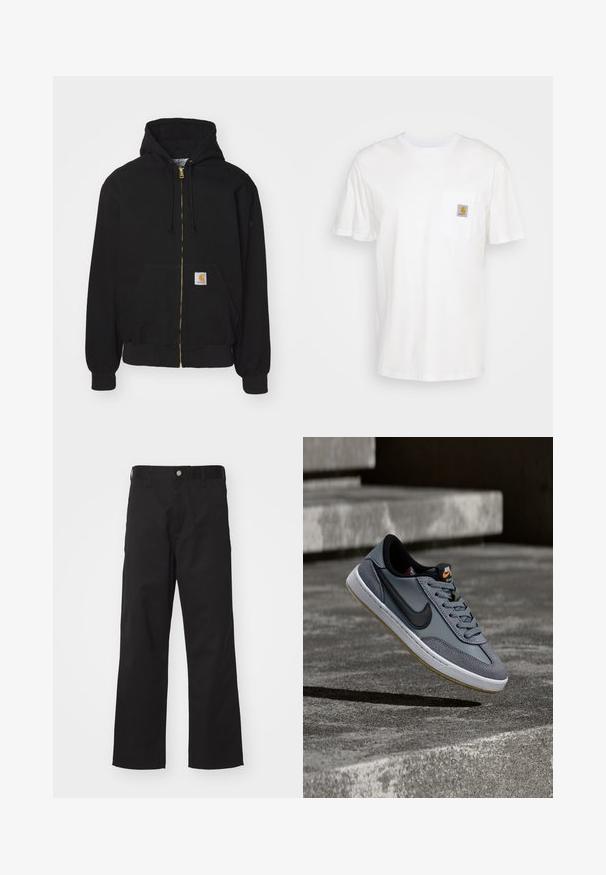Schwarze Zip-Hoodie aus Baumwollmischung. Mit einem goldenen Reißverschluss, Kordelzugkapuze, Eingrifftasche und einem kleinen Logoetikett auf der Vorderseite.; Weißes Baumwoll-T-Shirt mit kurzen Ärmeln, einer Brusttasche und einem kleinen quadratischen Logopatch in Orange und Weiß auf der Tasche.; Schwarze Hose aus strapazierfähigem Material mit geradem Schnitt, ausgestattet mit einem vorderen Knopfverschluss, Gürtelschlaufen und ohne sichtbare Muster oder Akzente.; Grauer Nike-Sneaker aus Leder und Wildleder, mit schwarzem Swoosh, weißer Zwischensohle und strukturiertem Gummi-Laufsohle mit Gummi-Akzenten.