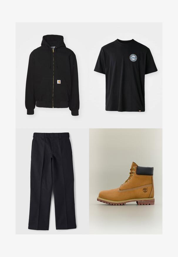 Schwarze Zip-Hoodie aus Baumwollmischung. Mit einem goldenen Reißverschluss, Kordelzugkapuze, Eingrifftasche und einem kleinen Logoetikett auf der Vorderseite.; Schwarzes Baumwoll-T-Shirt mit einem runden Logo auf der Brust. Kurze Ärmel und Rundhalsausschnitt mit geradem Schnitt am Saum.; Schwarze Hose aus strapazierfähigem Stoff, mit geradem Schnitt, Bund mit Gürtelschlaufen und ohne sichtbare Taschen oder Verzierungen.; Brauner Leder-Stiefelette mit schwarzem Kragen, gelben Schnürsenkeln und hellbrauner Sohle. Verfügt über ein Logo und weiße Ziernähe. Robuste Profilsohle.