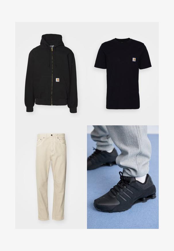 Schwarze Zip-Hoodie aus Baumwollmischung. Mit einem goldenen Reißverschluss, Kordelzugkapuze, Eingrifftasche und einem kleinen Logoetikett auf der Vorderseite.; Schwarzes Baumwoll-T-Shirt mit kurzen Ärmeln, rundem Hals und einer Brusttasche, die mit einem kleinen, quadratischen Logo-Patch versehen ist. Einfaches, einfarbiges Design.; Beige Baumwollhose mit geradem Bein, fünf Taschen und Metallakzenten. Glatte Textur mit minimalen Nähdetails.; Person in schwarzen Nike Shox Sneakers und grauen Jogginghosen, der auf einem hellblauen Teppich steht.