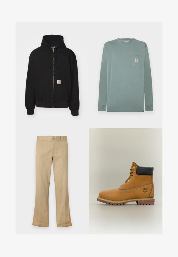 Schwarze Zip-Hoodie aus Baumwollmischung. Mit einem goldenen Reißverschluss, Kordelzugkapuze, Eingrifftasche und einem kleinen Logoetikett auf der Vorderseite.; Langärmliges Hemd aus hellgrüner Baumwolle mit Rundhalsausschnitt, versehen mit einer linken Brusttasche und einem orange-weißen Logo-Patch.; Beige Schlaghose aus einem Baumwollmix, mit Knopfverschluss, Gürtelschlaufen und flacher Vorderseite mit glatter Textur.; Brauner Leder-Stiefelette mit schwarzem Kragen, gelben Schnürsenkeln und hellbrauner Sohle. Verfügt über ein Logo und weiße Ziernähe. Robuste Profilsohle.