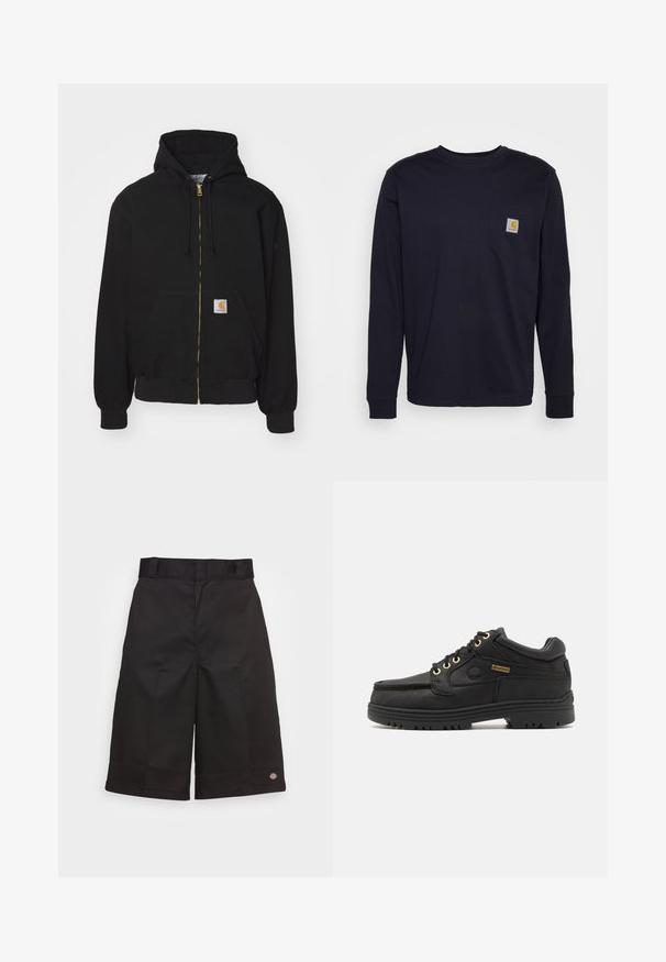 Zwarte zip-up hoodie gemaakt van een katoenmix. Kenmerkt zich door een gouden rits, een capuchon met trekkoord, een buidelzak en een klein logo-label aan de voorkant.; Langarm navyblauw T-shirt van katoen, met een borstzakje met een logo patch. Rechte onderkant en ribgebreide manchetten.; Zwarte katoenen shorts met een rechte snit, knielengte, voorzien van een zichtbaar merklogo op de zoom en een gladde textuur.; Zwarte leren veterschoen met gewatteerde kraag, dikke zool, gouden veterogen en Gore-Tex-label aan de zijkant.