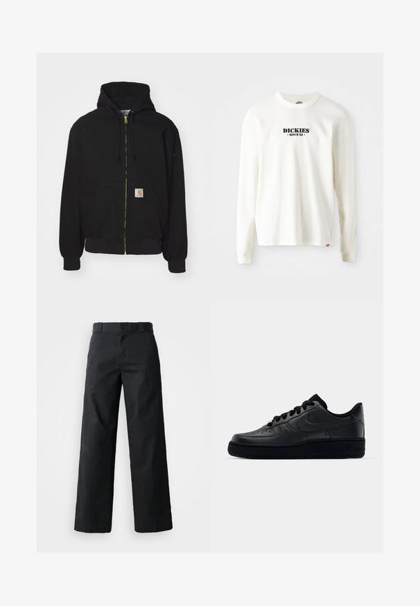 Zwarte zip-up hoodie gemaakt van een katoenmix. Kenmerkt zich door een gouden rits, een capuchon met trekkoord, een buidelzak en een klein logo-label aan de voorkant.; Witte lange mouw geribbelde sweatshirt met een zwart logo "DICKIES" en "SINCE '22" eronder, ronde hals en manchetten.; Zwarte wijde broek van katoen. Voorzien van een knoopsluiting, riemlussen en zijzakken. Gladde textuur met een op maat gemaakte snit.; Zwarte Nike Air Force 1 sneaker met een gladde leren bovenkant, geperforeerde neus voor ademend vermogen, zwarte veters en een getextureerde rubberen zool.