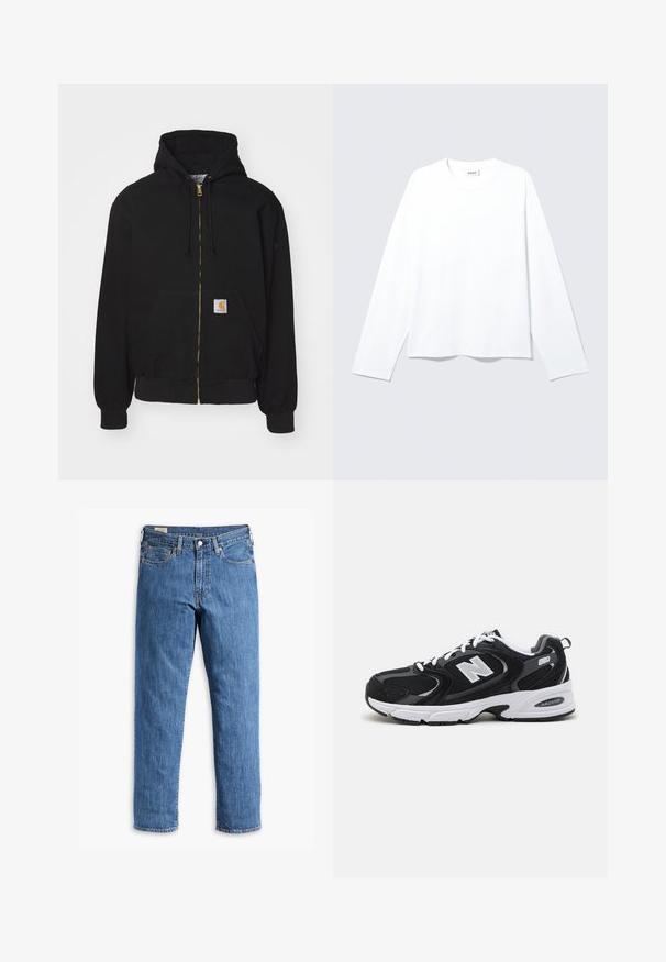 Sort zip-hoodie lavet af bomuldsblanding. Har en gylden lynlås, snoretræk til hætten, kængurulomme og et lille logo-mærke foran.; Almindelig hvid langærmet T-shirt med rund hals og løs pasform samt synligt mærke ved kraven, lagt fladt på en lys baggrund.; Blå denimjeans med lige ben, kobbernitter og fem-lomme design. Har en syet kant og et klassisk taljebånd med bæltestropper.; Sorte og grå sportssko med mesh og ruskind på overdelen, der har en hvid mellemsål, snørebånd og et iøjnefaldende "N" logo på siden.