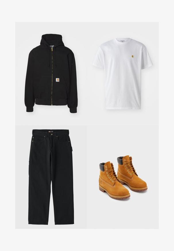 Schwarze Zip-Hoodie aus Baumwollmischung. Mit einem goldenen Reißverschluss, Kordelzugkapuze, Eingrifftasche und einem kleinen Logoetikett auf der Vorderseite.; Weißes Baumwoll-T-Shirt mit kurzen Ärmeln, Rundhalsausschnitt, mit einem kleinen goldenen Logo im linken Brustbereich. Weicher Stoff und normale Passform.; Schwarze Baumwollhose mit geradem Bein, ausgestattet mit zwei vorderen Taschen, einer Gesäßtasche und goldfarbenen Beschlägen.; Lederarbeitsstiefel in Tan mit schwarzem gepolstertem Kragen, goldenen Ösen und braunen Gummisohlen. Mit kontrastierenden Nähten und einem Logo an der Seite.
